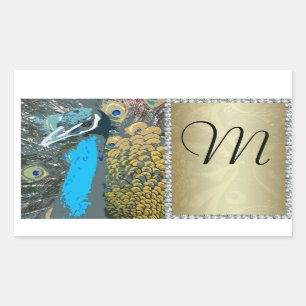 Sticker Rectangulaire Elégant Peacock avec Faux Jewels Monogram M