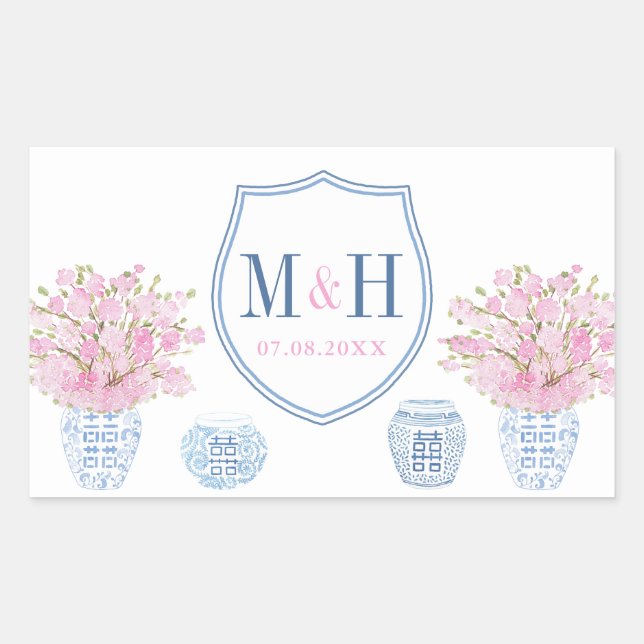 Sticker Rectangulaire Élégant rose et bleu Mariage Monogramme Logo Favor (Devant)