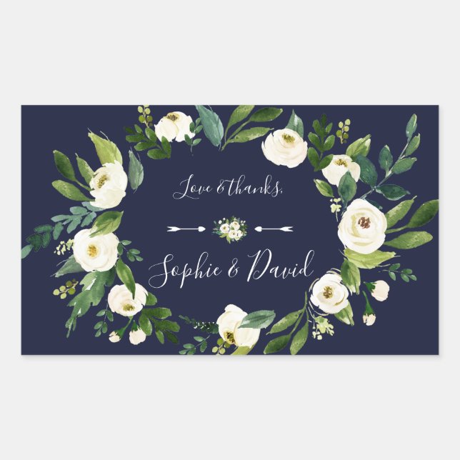 Sticker Rectangulaire Elégante aquarelle blanc Floral bleu foncé Mariage (Devant)