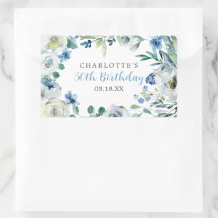 Sticker Rectangulaire Elégante Blue Blanc Floral Personnalisé Anniversai