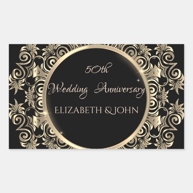 Sticker Rectangulaire Élégantes volutes d'or pour anniversaire (Devant)