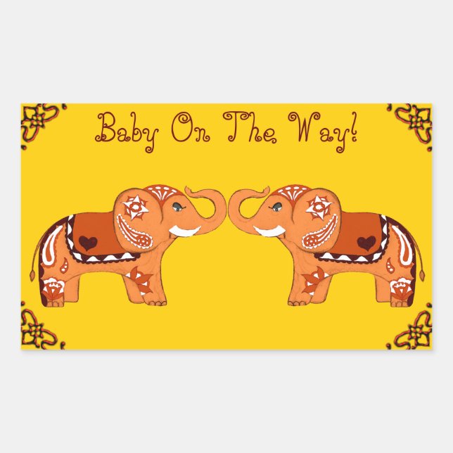 Sticker Rectangulaire Eléphant au henné (orange/rouge) (Baby shower) (Devant)