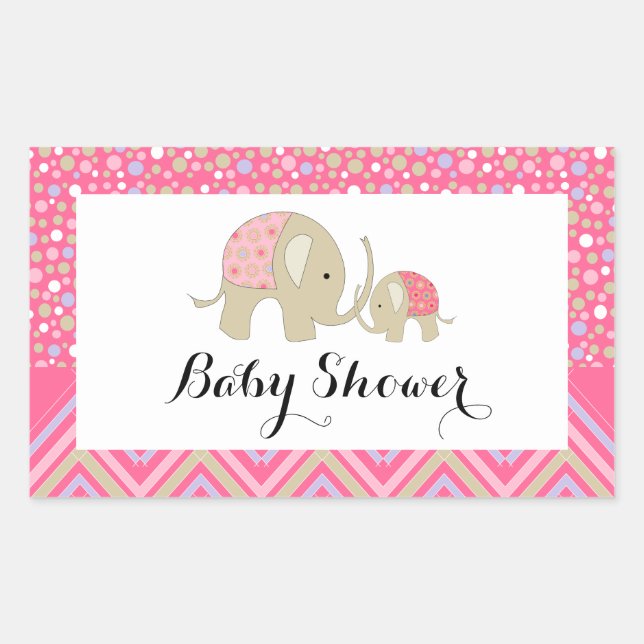 Sticker Rectangulaire Eléphant de Bohême rose et Baby shower Chevron (Devant)