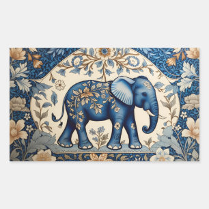 Sticker Rectangulaire Éléphant Orné Bleu Floral Vintage