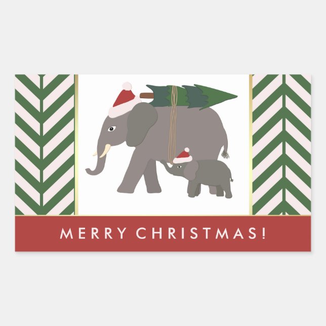 Sticker Rectangulaire Eléphants de Noël avec Casquettes, Arbre et Chevro (Devant)