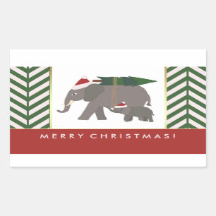 Sticker Rectangulaire Eléphants de Noël avec Casquettes, Arbre et Chevro