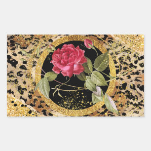 Sticker Rectangulaire empreinte de léopard avec rose et parties scintill