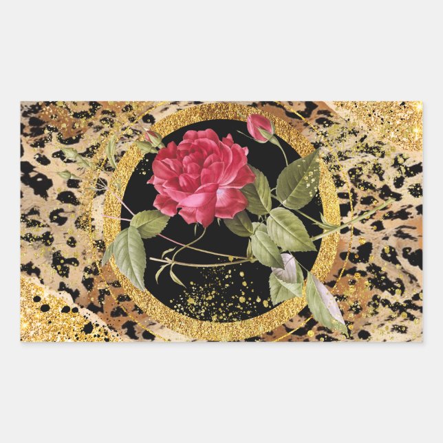 Sticker Rectangulaire empreinte de léopard avec rose et parties scintill (Devant)