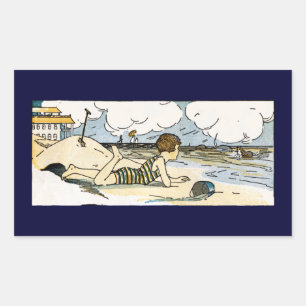 Sticker Rectangulaire Enfant sur la plage Art Vintage