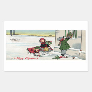 Sticker Rectangulaire Enfants livrant des cadeaux de Noël