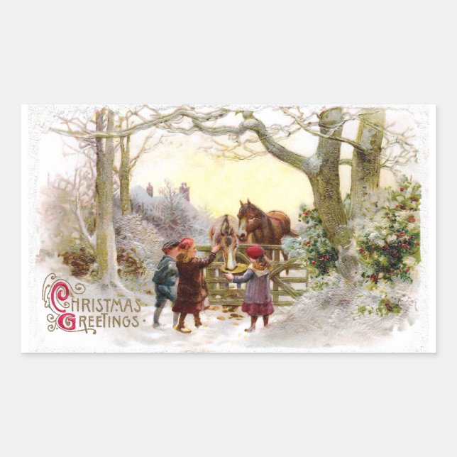 Sticker Rectangulaire Enfants nourrissant les chevaux Antique Noël (Devant)