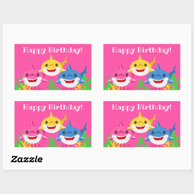 Sticker Rectangulaire Enfants Requin jaune et famille Anniversaire (Feuille)