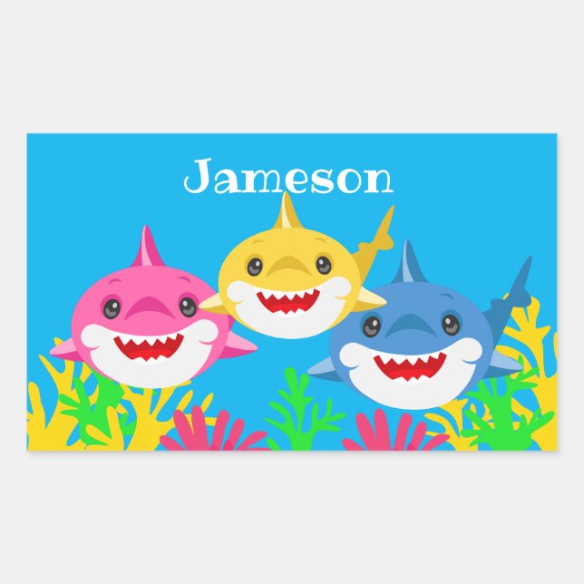 Sticker Rectangulaire Enfants requin jaune et famille fête d'anniversair (Devant)
