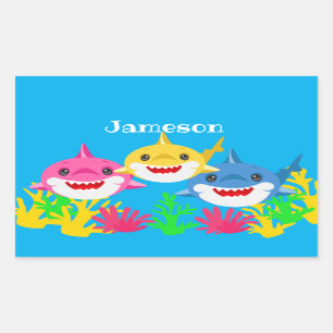 Sticker Rectangulaire Enfants requin jaune et famille fête d'anniversair