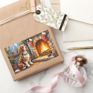 Sticker Rectangulaire Épagneul breton cheminée avec lumières de Noël