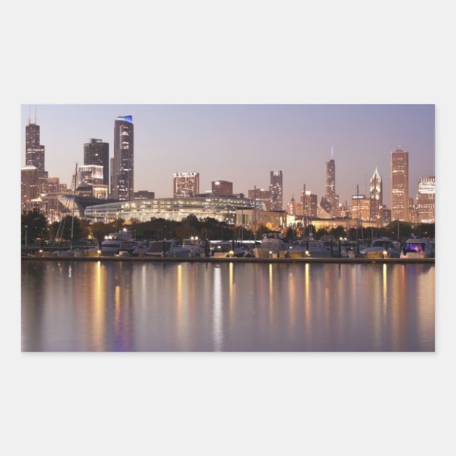 Sticker Rectangulaire États-Unis, Illinois, Chicago skyline à la tombée  (Devant)