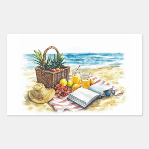 Sticker Rectangulaire Eté Plage Pique-nique Aquarelle Illustration - Vib
