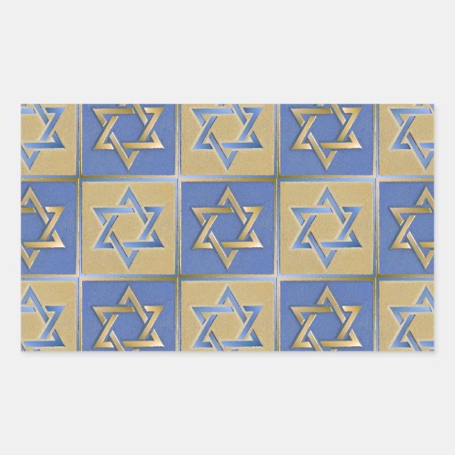 Sticker Rectangulaire Étoile de David Judaica Métal Or Bleu (Devant)