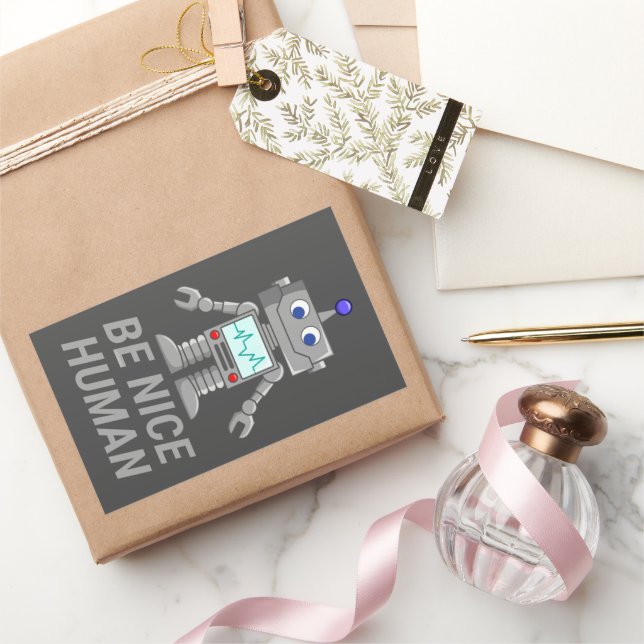 Sticker Rectangulaire ÊTRE GENTIL HUMAIN drôle robot mignon (Cadeaux)