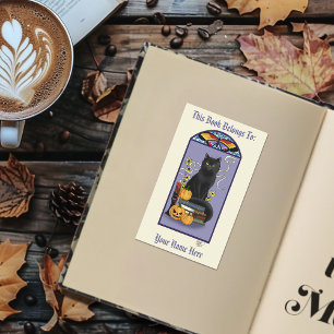 Sticker Rectangulaire Ex-libris Art Nouveau Chat Noir Citrouille Violet
