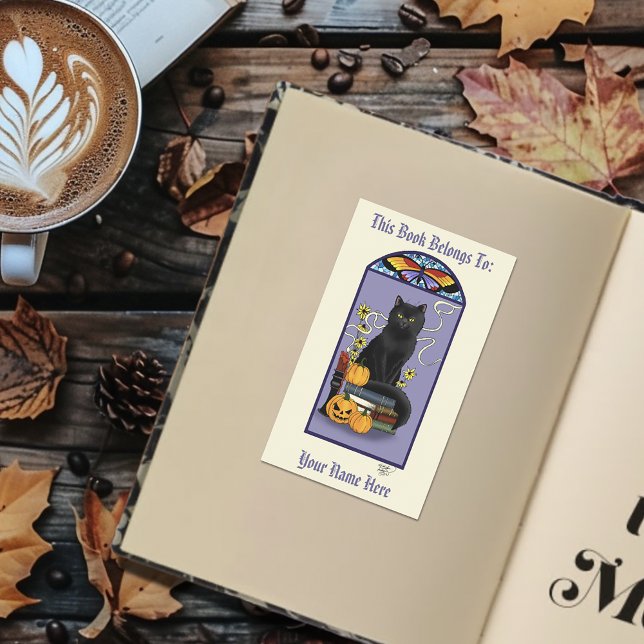 Sticker Rectangulaire Ex-libris Art Nouveau Chat Noir Citrouille Violet (Créateur téléchargé)