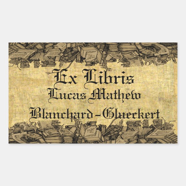 Sticker Rectangulaire Ex Libris - entouré de piles de livres Plaque de l (Devant)