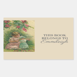 Sticker Rectangulaire Ex-libris Fillettes avec Poupée