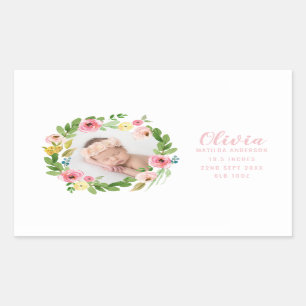 Sticker Rectangulaire Faire-part de naissance photo florale aquarelle