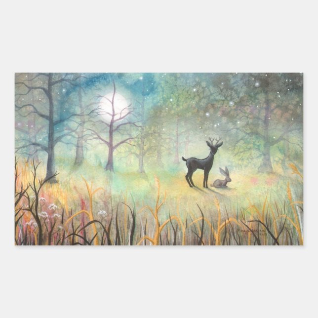 Sticker Rectangulaire Fantaisie de faune cervidés et lapins Art (Devant)