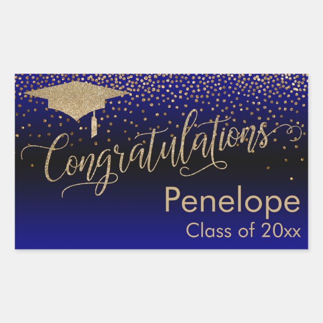 Sticker Rectangulaire Félicitations Gold Confetti Graduation Blue (Devant)
