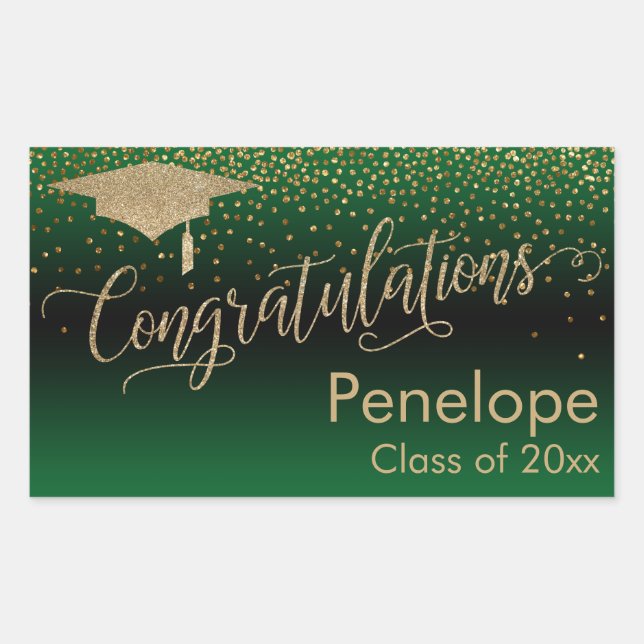 Sticker Rectangulaire Félicitations Gold Confetti Graduation Green (Devant)