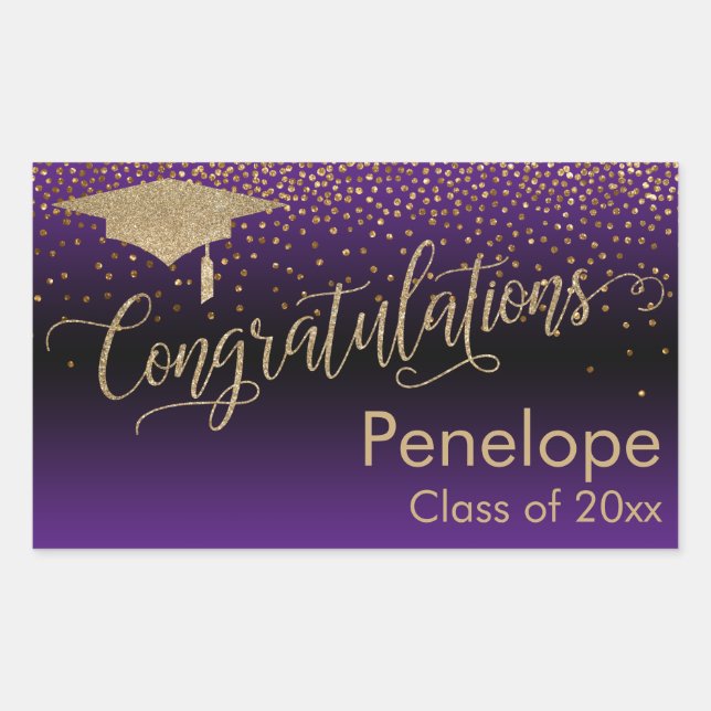 Sticker Rectangulaire Félicitations Gold Confetti Graduation Purple (Devant)