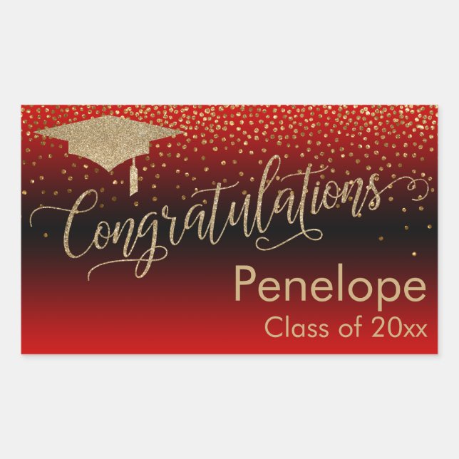 Sticker Rectangulaire Félicitations Gold Confetti Graduation Rouge (Devant)