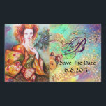 STICKER RECTANGULAIRE FEMME ROMANTIQUE AVEC PÂTE DE PEACOCK ÉCLANTE<br><div class="desc">Enregistrer le Monogramme de date.Peinture contemporaine à l'aquarelle avec feuille d'or et couleurs irisées en vert vif, jaune orange, turquoise, turquase, blanc.Elégante, belle brune sophistiquée, rouge, vert brillant d'or tissus d'un costume baroque avec plumes de paon.Peinture de Bulgan Lumini (c).Cette carte cool et artistique est parfaite pour les mariages, douches...</div>