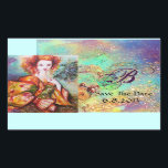 STICKER RECTANGULAIRE FEMME ROMANTIQUE AVEC PÂTE DE PEACOCK ÉCLANTE<br><div class="desc">Enregistrer le Monogramme de date.Peinture contemporaine à l'aquarelle avec feuille d'or et couleurs irisées en vert vif, jaune orange, turquoise, turquase, blanc.Elégante, belle brune sophistiquée, rouge, vert brillant d'or tissus d'un costume baroque avec plumes de paon.Peinture de Bulgan Lumini (c).Cette carte cool et artistique est parfaite pour les mariages, douches...</div>