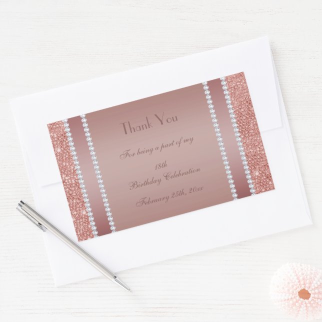 Sticker Rectangulaire Fête d'anniversaire Glitzy Rose Gold & Diamond Gem (Enveloppe)