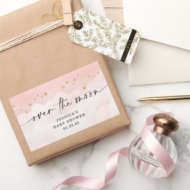 Sticker Rectangulaire Fête Prénatale Bébé Fille Rose Au-Dessus De La Lun (Cadeaux)