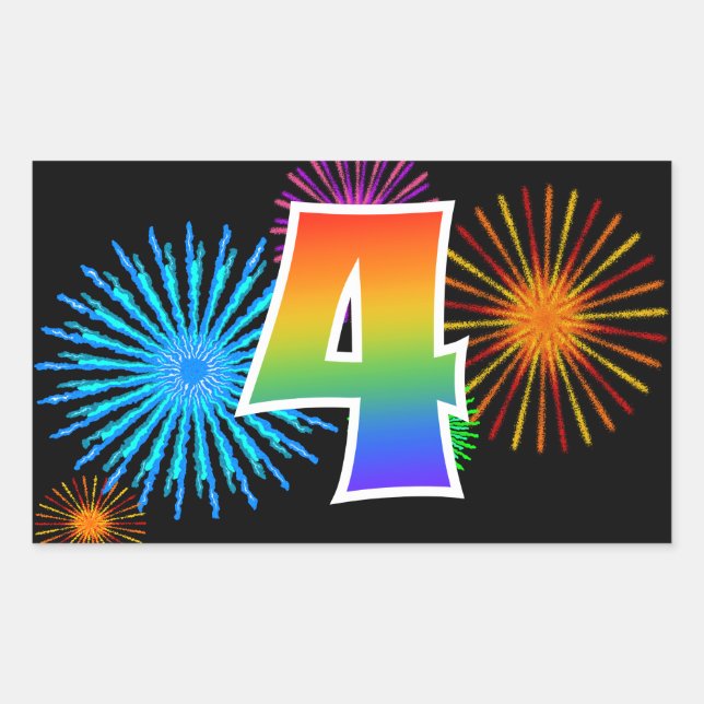 Sticker Rectangulaire Feu d'artifice amusant + motif arc-en-ciel "4" Num (Devant)