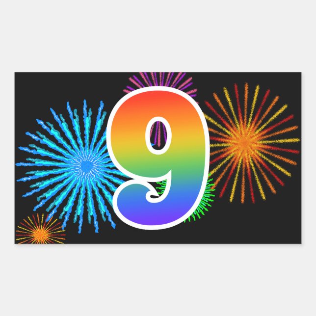 Sticker Rectangulaire Feu d'artifice amusant + motif arc-en-ciel "9" Num (Devant)