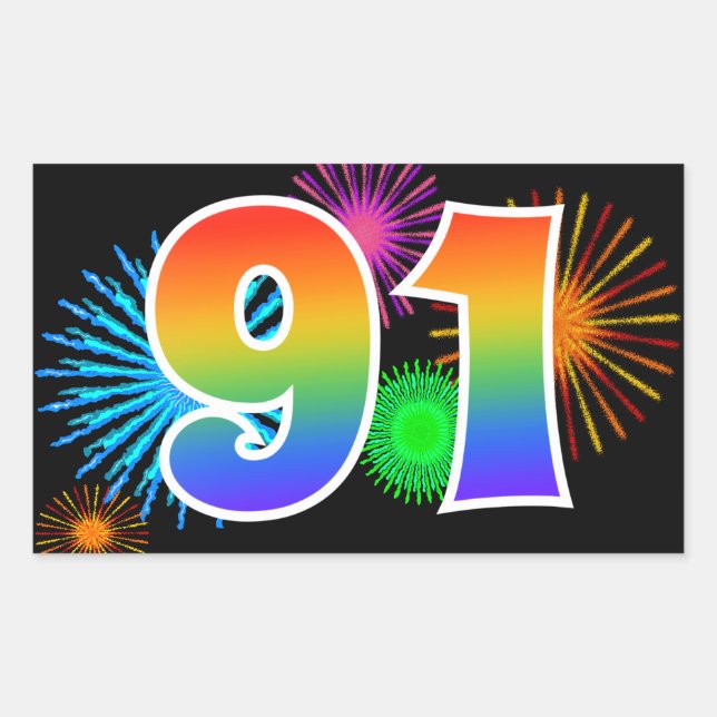 Sticker Rectangulaire Feu d'artifice amusant + motif arc-en-ciel Numéro  (Devant)