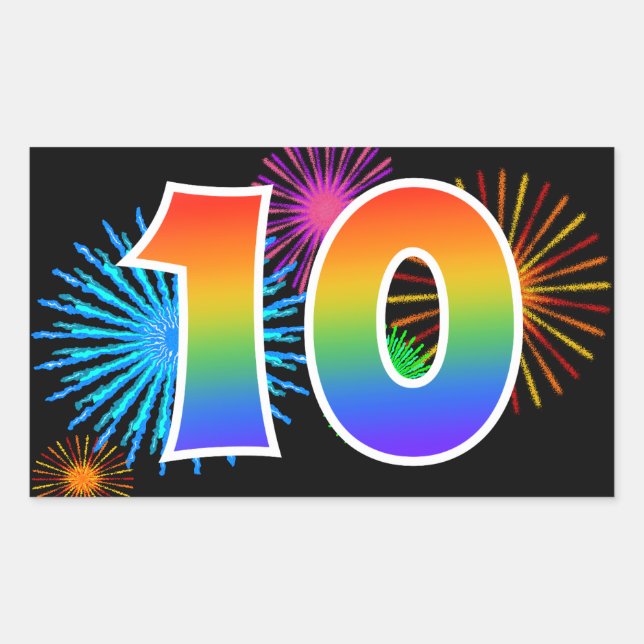 Sticker Rectangulaire Feux d'artifice amusants + motif arc-en-ciel « 10  (Devant)