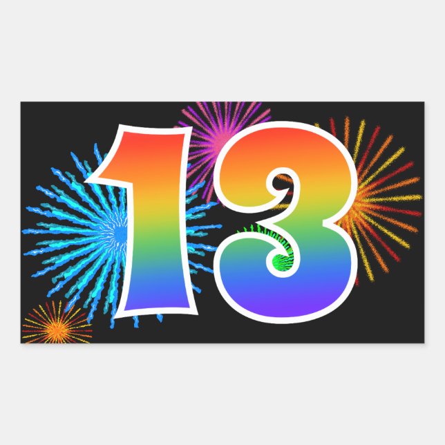 Sticker Rectangulaire Feux d'artifice amusants + motif arc-en-ciel "13"  (Devant)