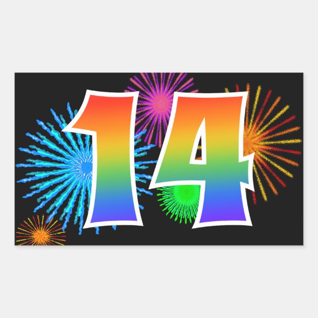 Sticker Rectangulaire Feux d'artifice amusants + motif arc-en-ciel "14"  (Devant)