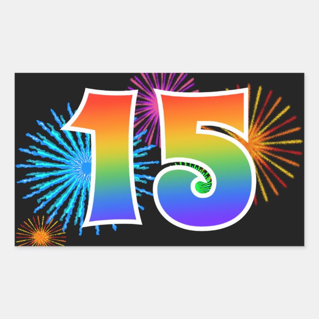Sticker Rectangulaire Feux d'artifice amusants + Motif arc-en-ciel "15"  (Devant)