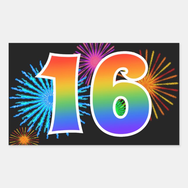 Sticker Rectangulaire Feux d'artifice amusants + motif arc-en-ciel « 16  (Devant)