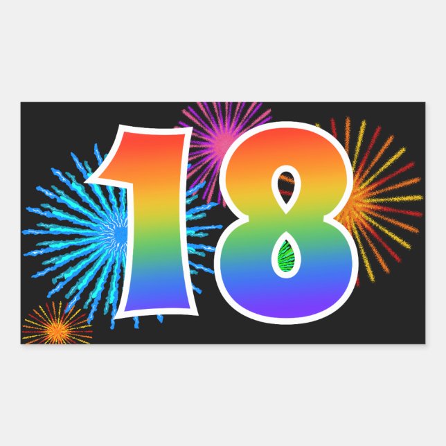 Sticker Rectangulaire Feux d'artifice amusants + Motif arc-en-ciel "18"  (Devant)