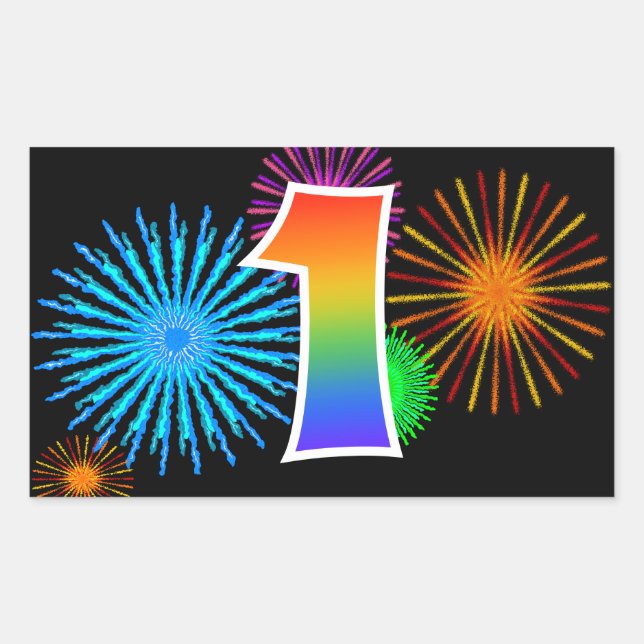 Sticker Rectangulaire Feux d'artifice amusants + Motif Arc-en-Ciel "1" N (Devant)