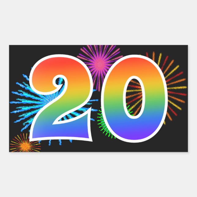 Sticker Rectangulaire Feux d'artifice amusants + motif arc-en-ciel « 20  (Devant)