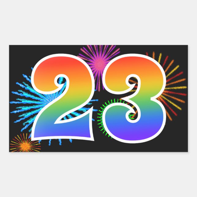 Sticker Rectangulaire Feux d'artifice amusants + motif arc-en-ciel "23"  (Devant)