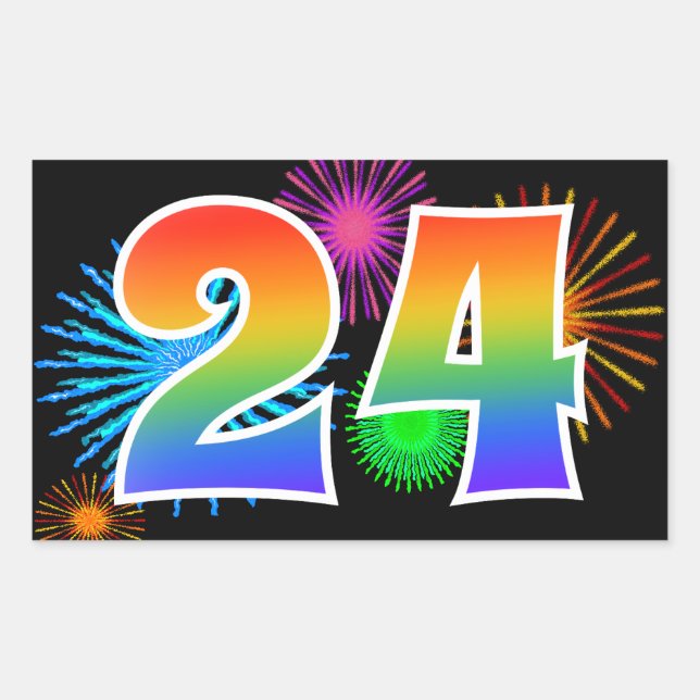 Sticker Rectangulaire Feux d'artifice amusants + motif arc-en-ciel "24"  (Devant)